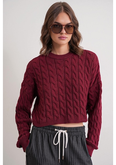 Mixray 6863 Kadın Saç Örgülü Crop Triko Kazak Bordo