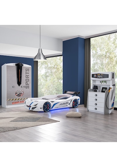 Setaymobilya Sports Çocuk Odası -Mercedes Arabalı Yatak Dolap Şifonyer - Beyaz