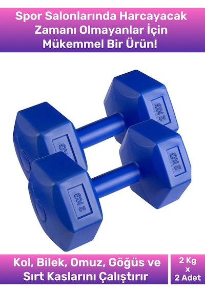 Plastik Köşeli Spor Egzersiz Vücut Kas Geliştirme Fitness Ağırlık Mavi 2 KG Dambıl Set - 2 Adet