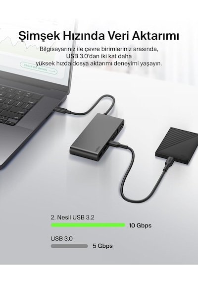 Belkin Connect 8 Portlu Usb-c Hub, 4k 60hz'100 W Pd, 10 Gbps Veri Aktarım Hızı Ve 2,5 Gbps Ethernet - Gri