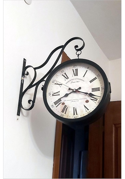 Büyük 45cm Sessiz Yuvarlak Çelik Çift Taraflı Caml Dikey Duran İki Yönlü Duvar Saati Station Clock Çok Renkli