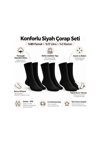 Bezos Unisex Siyah Soket Çorap 12'li Set Düz Basic Ribanalı Günlük Spor Esnek Rahat Uzun Çorap Konforlu Set 22