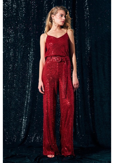 Sateen Kemerli Payet Pantolon - Kırmızı