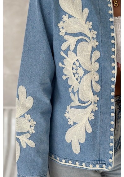 Femelle Kadın Mavi Vintage Nakışlı Kot Denim Ceket Lacivert