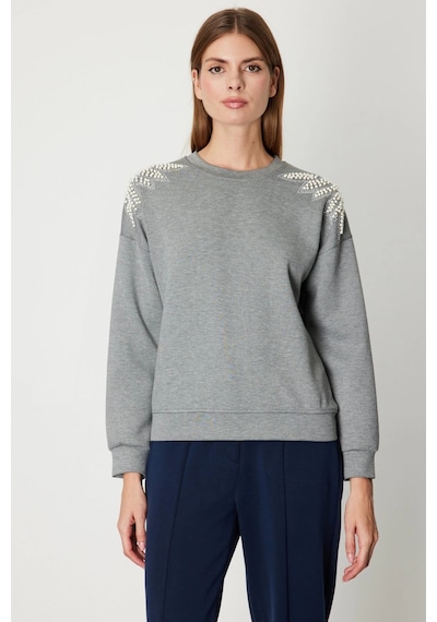 On Fashion Kadın Omuzları İncili Sıfır Yaka Gri Sweatshirt 66338 Gri