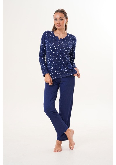 Çift Kaplan Kadın Pamuk Modal Yıldızlı Açık Patlı Lacivert Pijama Takımı 7005 Lacivert