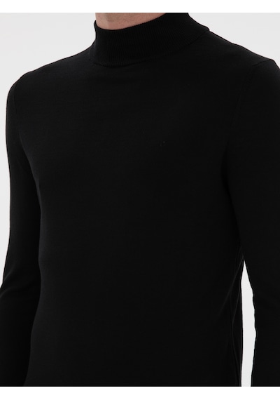 Cacharel Siyah Slim Fit Yün Karışımlı Yarım Balıkçı Yaka Basic Triko Kazak