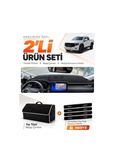 Foton Tunland V9 2025-sonrası Uyumlu Torpido Örtüsü + Tay Tüyü Bagaj Çantası Seti - Siyah Gri