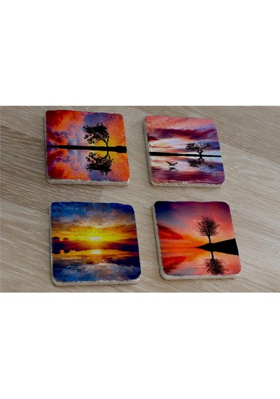 Gün Batımı Tek Ağaçlar Doğal Taş Bardak Altlığı 4'lü Set - Natural Stone Coasters - Taş Çok Renkli