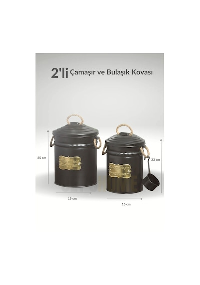 2'li Set Deterjan Kovası Çamaşır Bulaşık Kutusu Ölçekli Galvaniz Metal Siyah Siyah
