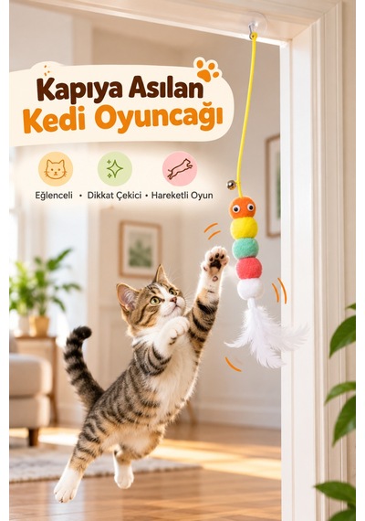 Kedi Oyuncağı Kapıya Asılan Vantuzlu İpli Çıngıraklı Tüylü Ponponlu Zıplama Ve Avlanma Oyuncağı