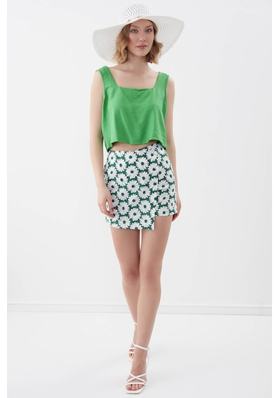 Vitrin Kare Yaka Sıfır Kol Crop Bluz YEŞİL