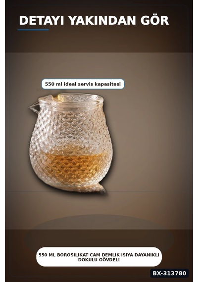 550 Ml Borosilikat Cam Demlik Isıya Dayanıklı Dokulu Gövdeli Kapaklı Detay Bx-313780 çok renkli