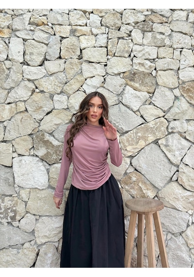 Gül Kurusu Uzun Kollu Büzgülü Bluz Gül Kurusu