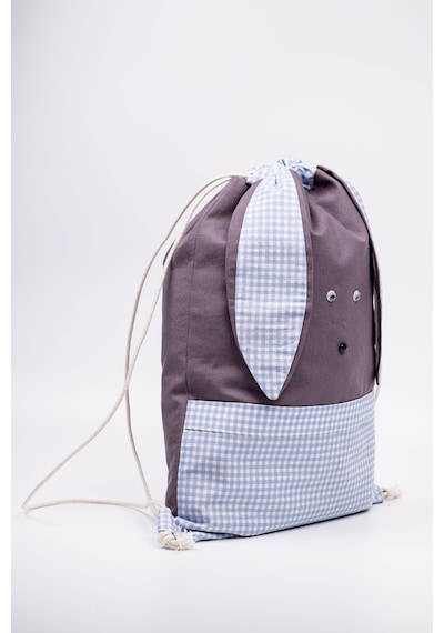 Fabric Craft Bag Tavşan Figürlü Çocuk Bez Çanta Mavi Kareli 33x45 Cm Büzgülü Koyu Gri