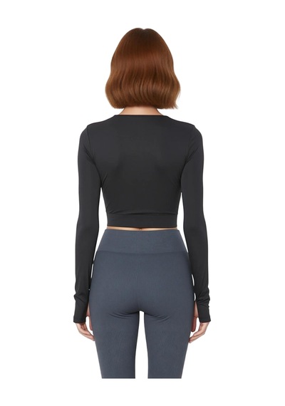 Ersefa Moda Bisiklet Yaka Örme Fit Düz Desen Sportswear Crop Uzun Kol Bl Antrasit