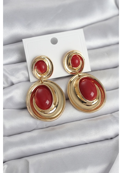 Kırmızı Sallantılı Damla Model Gold Renk Vintage Kadın Küpe Altın