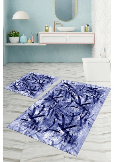 Buççin Online Mağaza Dijital Baskılı Yıkanabilir Kaymaz Taban Yaprak Motifli Banyo Paspası Klozet Takımı Polyester Lacive Çok Renkli