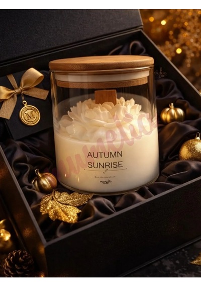 Mumelia Autumn Sunrise Şakayık Figürlü - Doğal Soya Cam Kavanoz Tasarım Mum - Beyaz