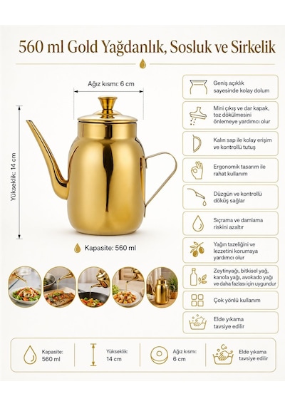 Komple Çelik Gold 560 Ml Yağdanlık Sosluk Ve Sirkelik Cin995sr Altın