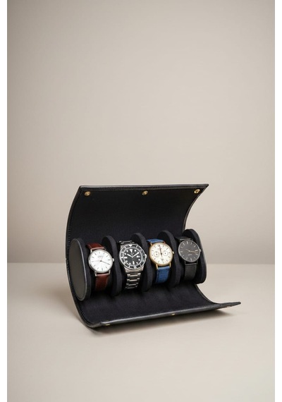 4 Lü Deri Saat Kutusu Silindir Tasarım Taşınabilir Saat Saklama Organizer 24x11x7 Cm Siyah