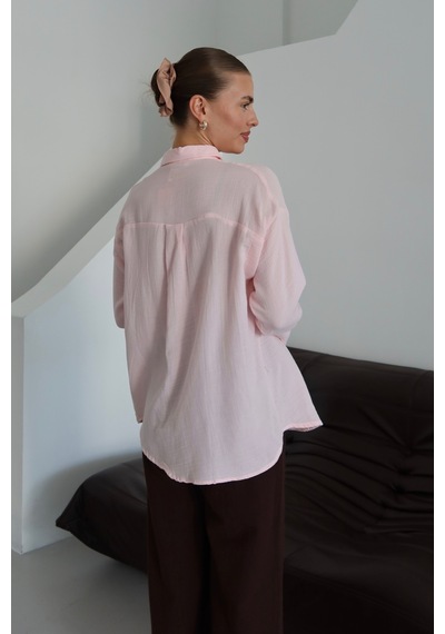 Balenbi Kadın Cepli Oversize Düz Renk Müslin Gömlek 1095 Pembe