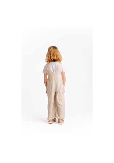 Oliven The Kid Unisex V Yaka Paça Lastikli Keten Salopet Naturel Naturel Bej