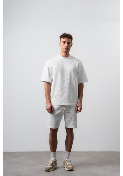 Erkek Nakış Detaylı Regular Fit T-shirt Şort Takım Ekru