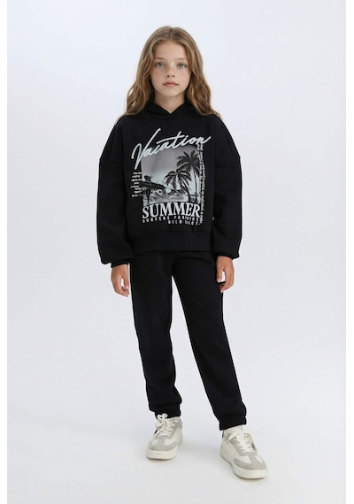 DeFacto Kız Çocuk 2'li Takım Kapüşonlu Baskılı Sweatshirt Beli Lastikli Jogger Alt D2219A824WNBK81 Siyah