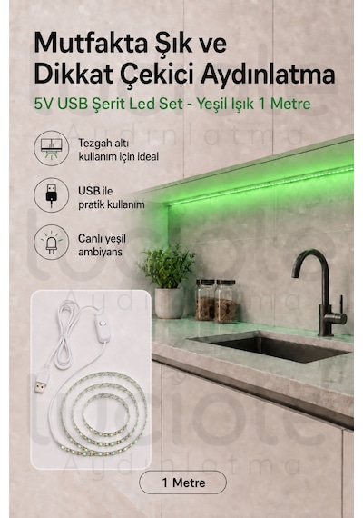 1 Metre 5v Usb Yeşil Şerit Led Aç Kapa Anahtarlı Gaming Tv Masa Raf Araç Dekoratif Işık