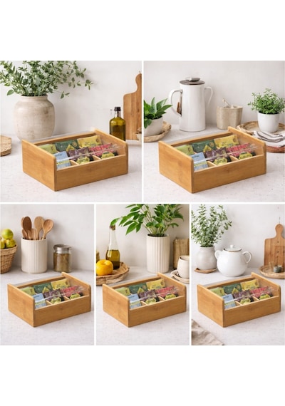 Makri Home Bambu Çay Kutusu Şeffaf Kapaklı Poşet Çay Saklama Organizatörü Bölmeli Tea Box Bambu