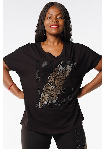 Rich Glam Bol Kalıp Kaplan Crystal Taşlı Büyük Beden Siyah Pamuk Şık Rahat Kadın T-shirt Siyah