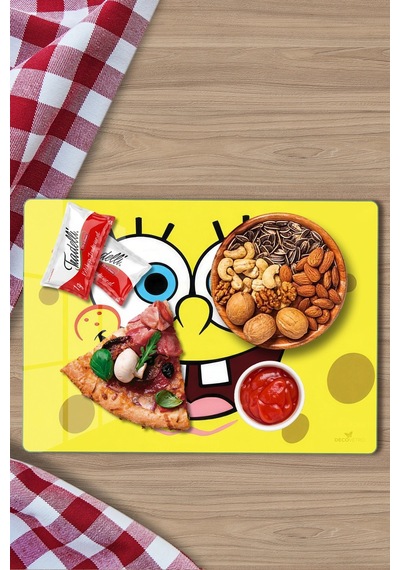 Sünger Bob Desenli Cam Kesme Tahtası Ve Sunumluk 25 X 35 Cm Çok Renkli