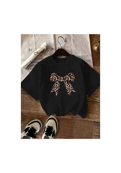 Medinenur Leopar Desenli Kurdele Detaylı Basic T-shirt Siyah