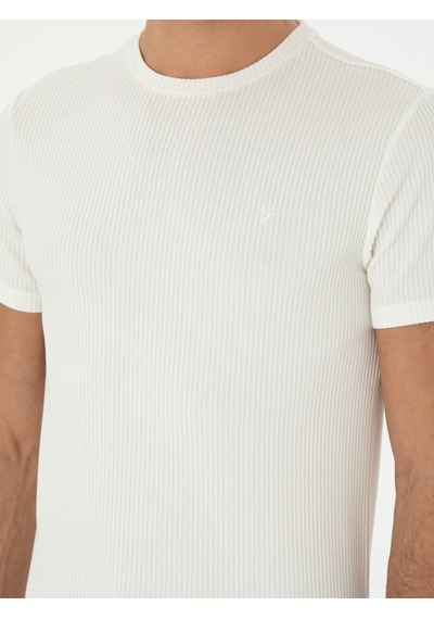 Beyaz Slim Fit Çizgi Dokulu Bisiklet Yaka T-shirt 15841036