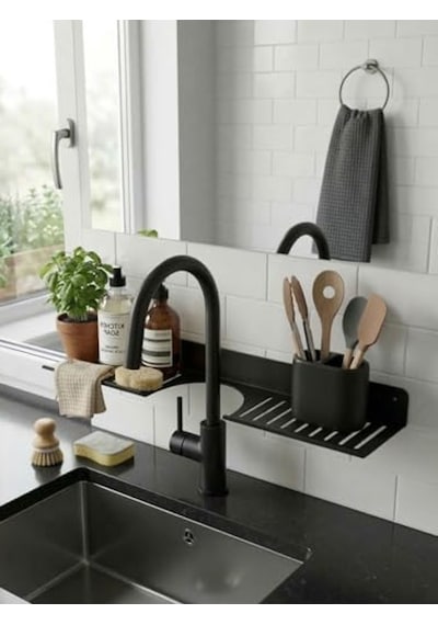Metal Lavabo Üstü Organizer Raf, Duvara Monte İle Pratik Mutfak Düzeni Aahşap