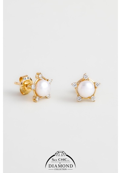 Diamond Collection 14 K Sarı Altın 0,11 Karat Pırlanta Doğal İnci Küpe