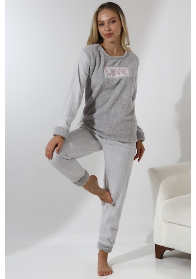 Wordex Fawn 5019 Peluş Welsoft Polar Kışlık Yumoş Kadın Pijama Takımı Love Açık Gri