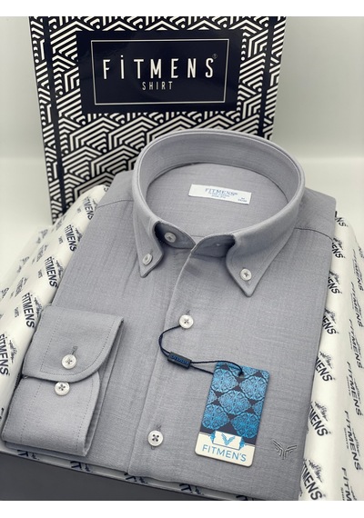 Slim Fit Uzun Kol Müslin Pamuk Rahat Nefes Alabilen Kumaştan Yaka Düğmeli Hediye Kutulu Erkek Gömlek Fs-004202 - Gri-2868