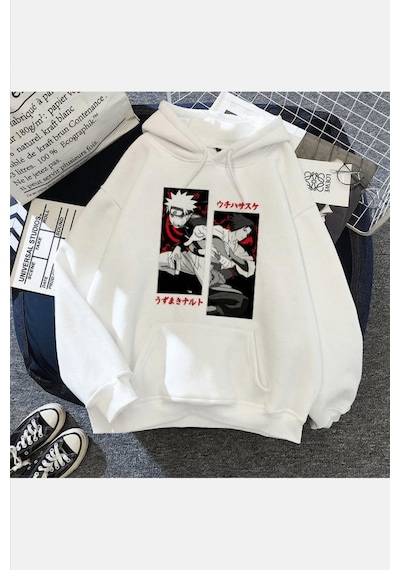Naruto And Sasuke Beyaz Kapşonlu Sweatshirt