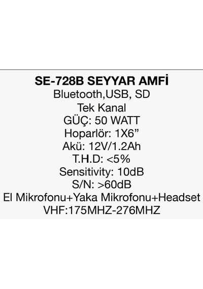 Fav Se-728-bt-usb Tek Kanal 1 El 1 Yaka+kafa Seçeneği 50 Watt Şarjlı Seyyar Anfi