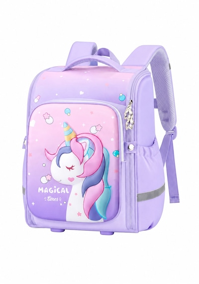 Unicorn 3D Desenli Kız Çocuk Kreş ve Anaokulu Okul Çantası Mor Açık Pembe