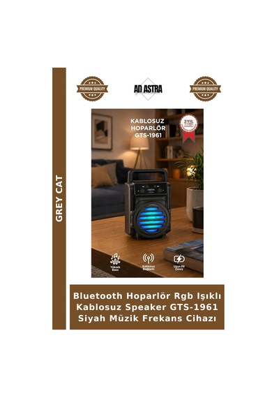 Bluetooth Hoparlör Rgb Işıklı Kablosuz Speaker Gts-1961 Siyah Müzik Frekans Cihazı
