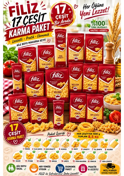 Filiz Güven Bitkisel 17 Çeşit Karma Makarna Paketi - 8,5 Kg Avantaj Kolisi - Ekonomik Aile Boy Karışık Makarna Seti