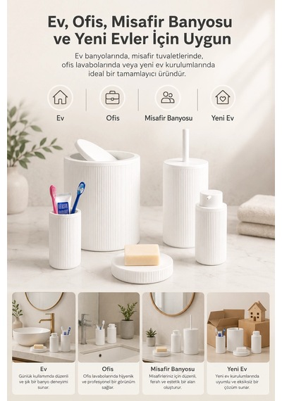 Beyaz Banyo Düzenleyici Set 5 Parça Çöp Kovası Tuvalet Fırçası Sabunluk Fırçalık