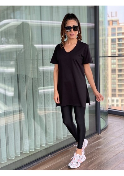 Siyah V Yaka Basic Kadın Tshirt Siyah