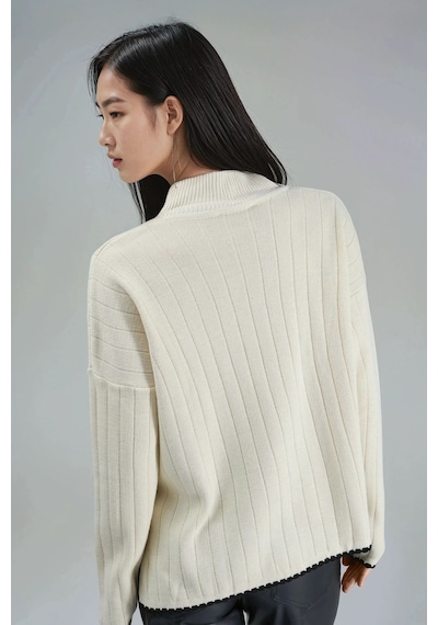 Hiccup My Fashıon Dikiş Detaylı Dik Yaka Oversize Triko Kazak Bej Doğal