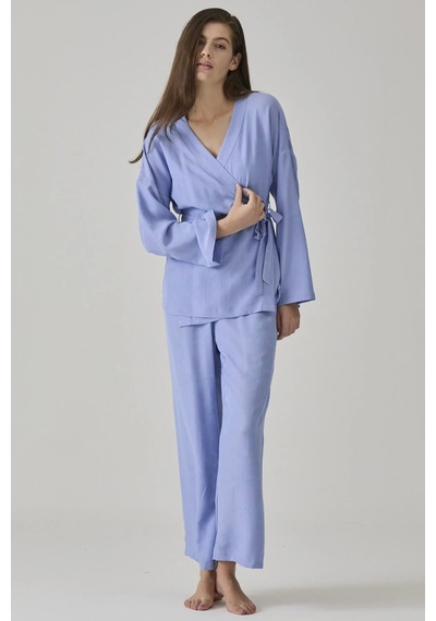 Pamuk & Pamuk Kadın Mavi Jakarlı Kimono Yaka Pijama Takımı Mavi