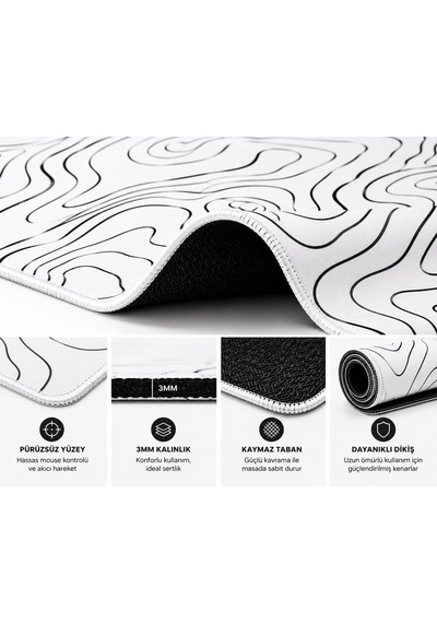 90x40 Cm Mouse Pad, Siyah Topografik Kontur Desenli Büyük Gaming Mouse Pad, Kaymaz Kauçuk Tabanlı, Dikişli Kenarlı
