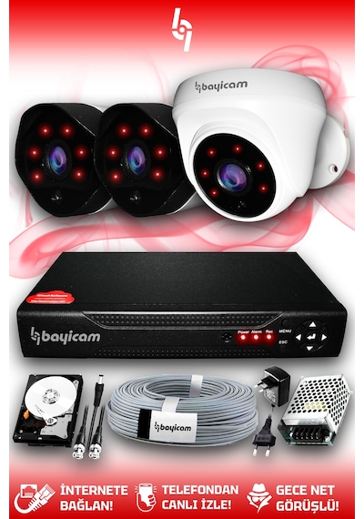 Bayicam 3 Kameralı Uzay 1 İç Kamera Set 2 TB HDD Full HD Gece Görüşlü Güvenlik Kamerası Sistemi